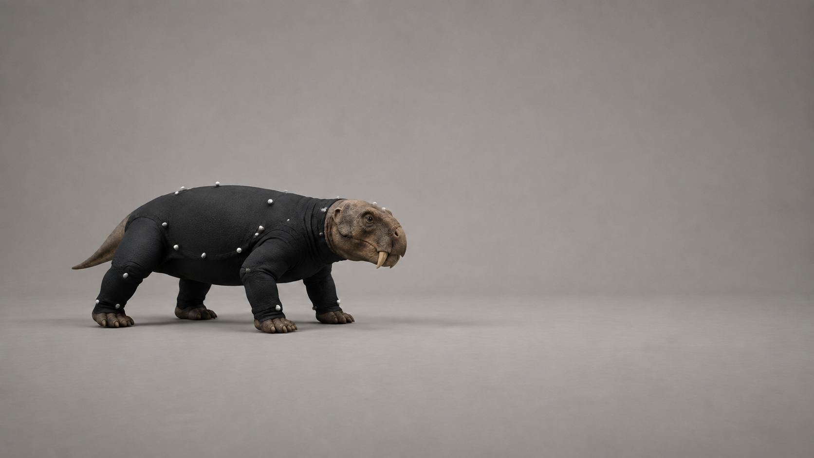 The same Lystrosaurus wearing a dark suit with reflective markers.